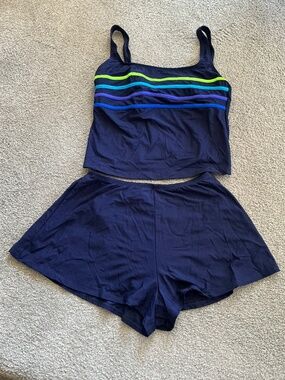 Slim Allure Blue Tankini Swim Swimsuit With Colorful Stripes